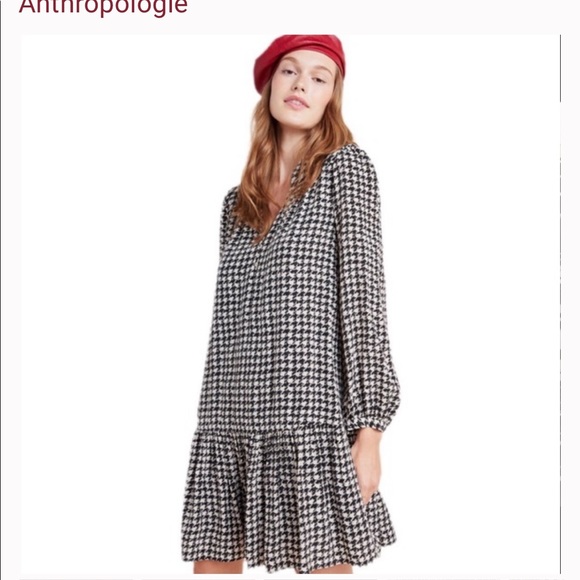 Anthropologie Dresses & Skirts - ANTHROPOLOGIE MAEVE STERLING HOUNDSTOOTH BALLOON SLEEVE DROP WAIST DRESS M